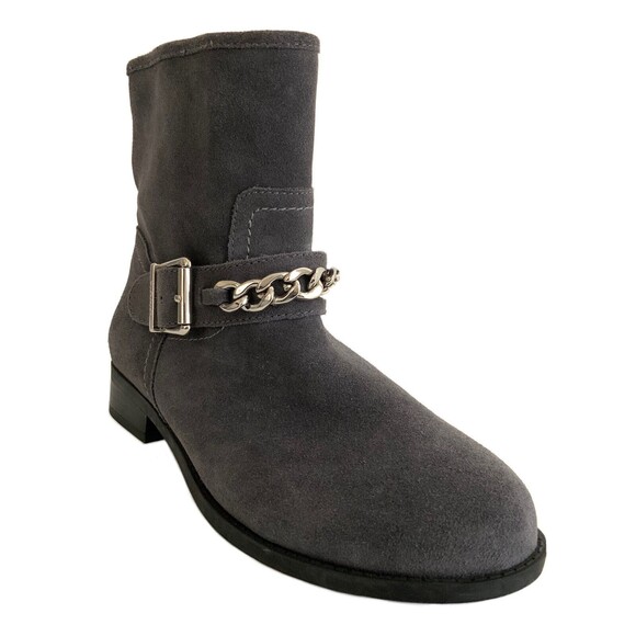 Vionic Ankle Boots Women Size 7.5M Gray Cresent Orthotic Suede Buckle Chain - Picture 1 of 12